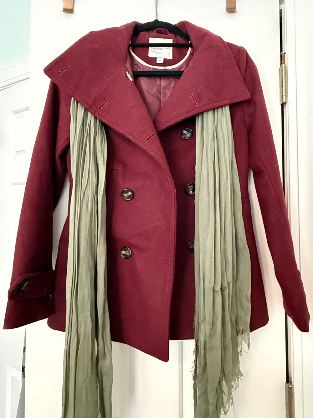 Thread & Supply Maroon Double-Breasted Peacoat with Olive Scarf